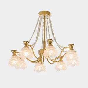Floral rose glass chandelier with brass frame and beaded chains - front studio view