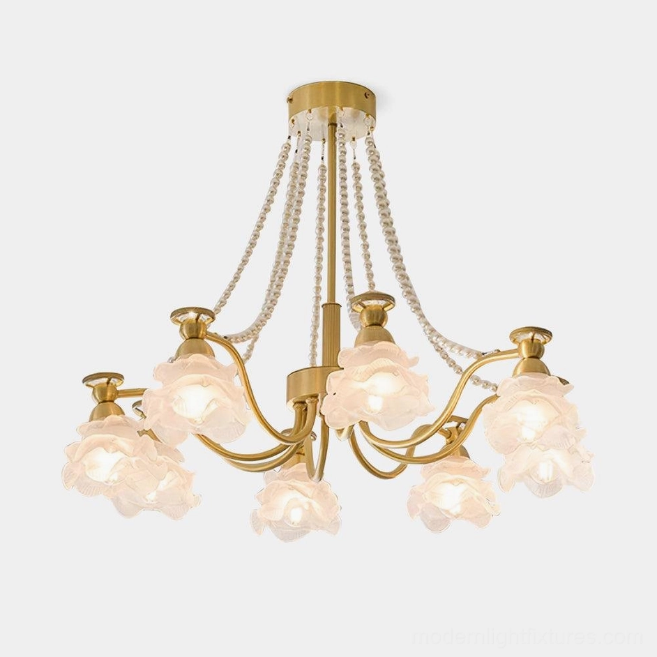 Floral rose glass chandelier with brass frame and beaded chains - front studio view