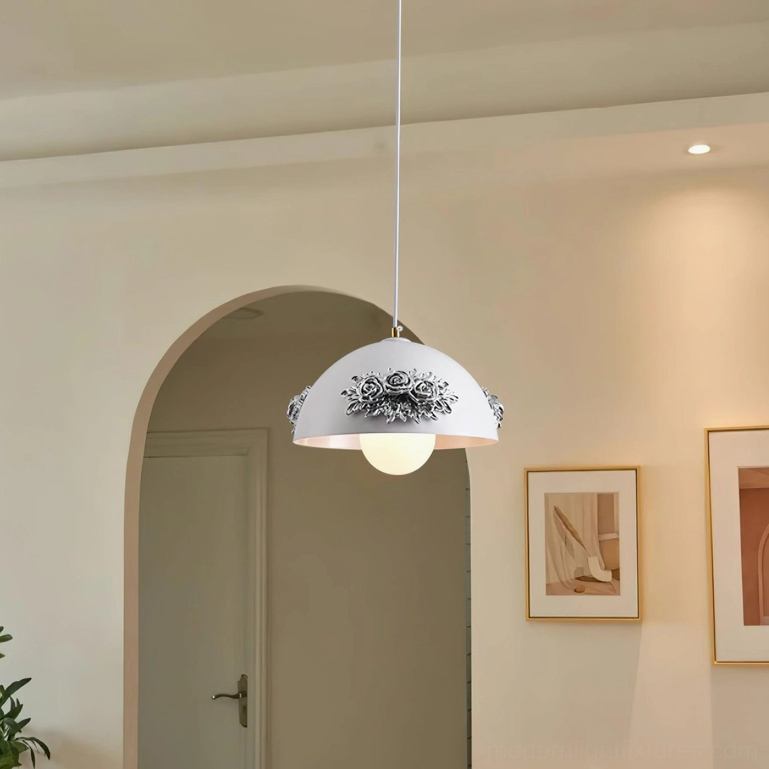 Floral rose pendant ceiling light installation example, decorative dome shade, modern romantic home lighting solution