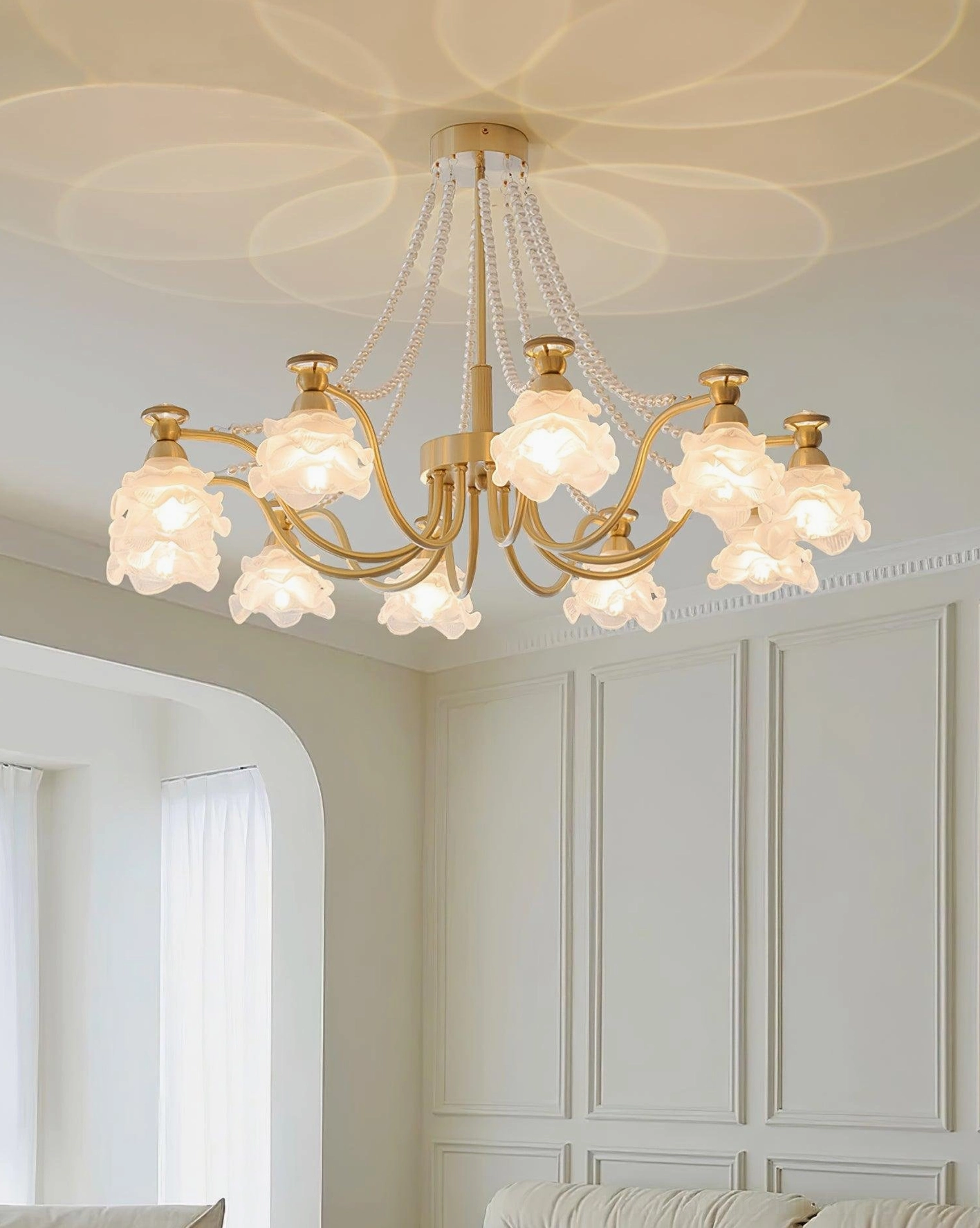 Floral rose pendant light fixture - European classical design with elegant brass framework