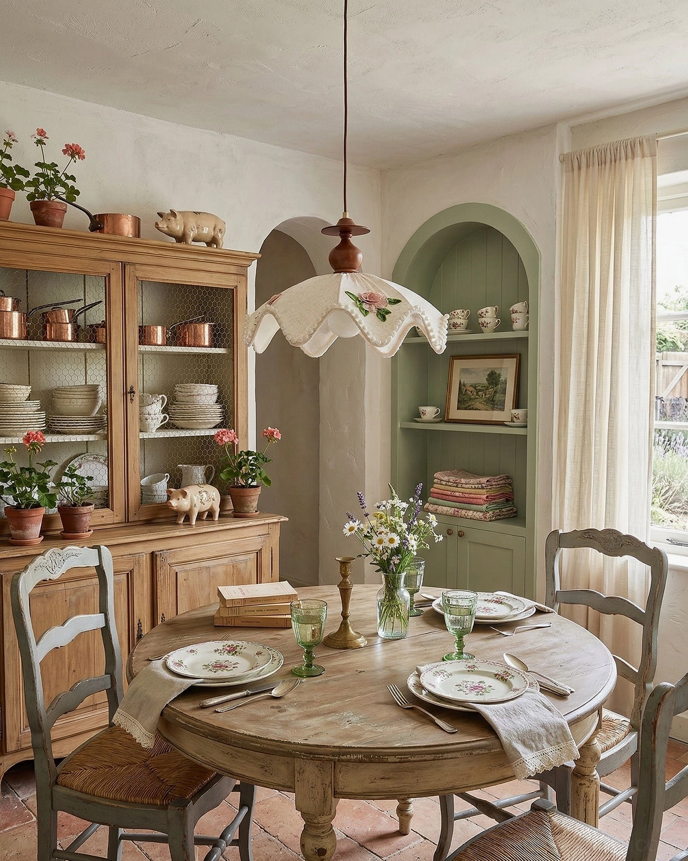 Scalloped floral pendant lamp suspended over formal dining table in rustic vintage room