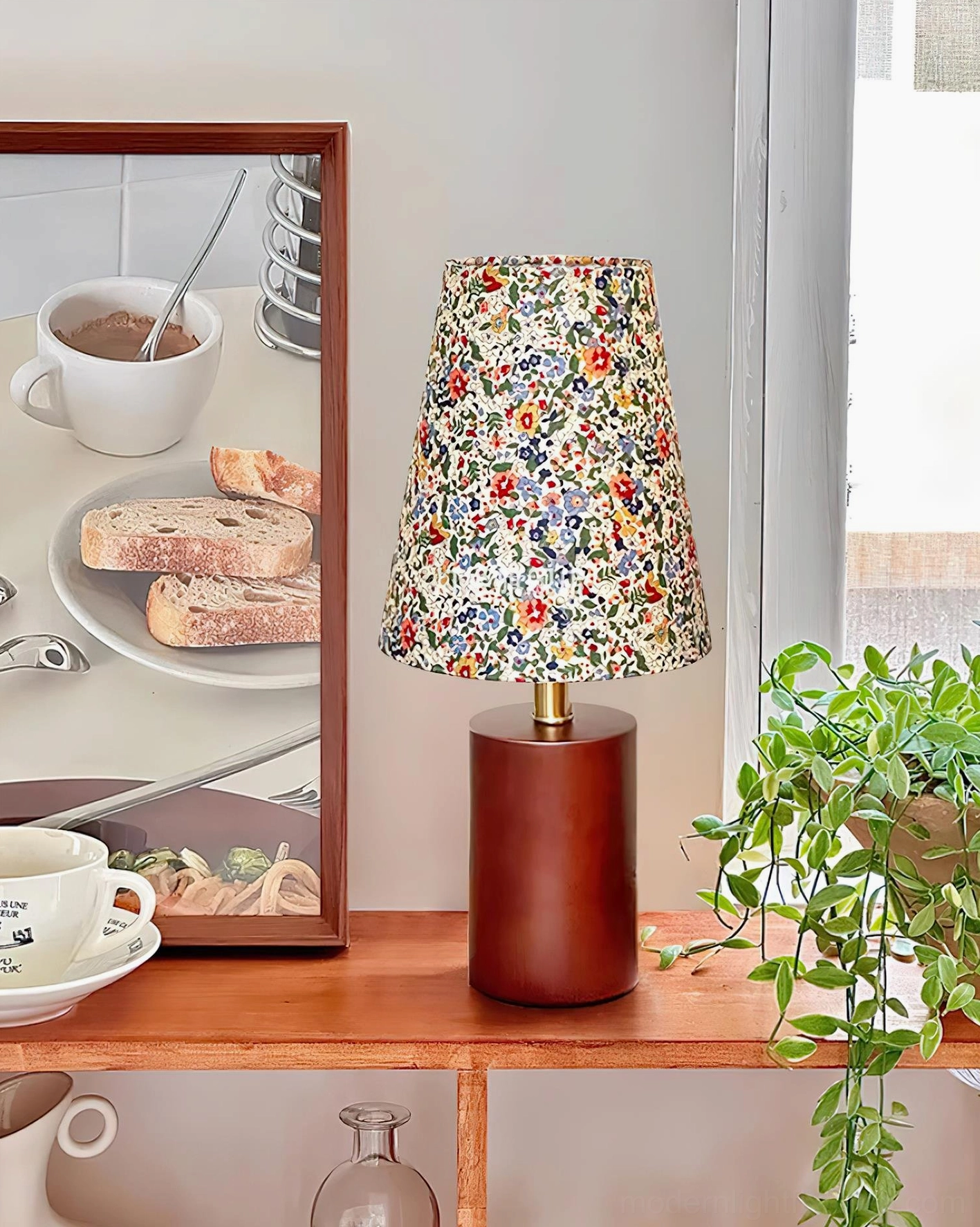 Colorful floral patterned fabric shade table lamp botanical design detail