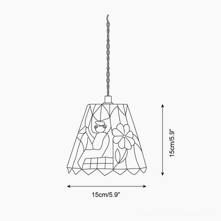 Stained glass pendant lamp design specification showing floral pattern dimensions 15cm width