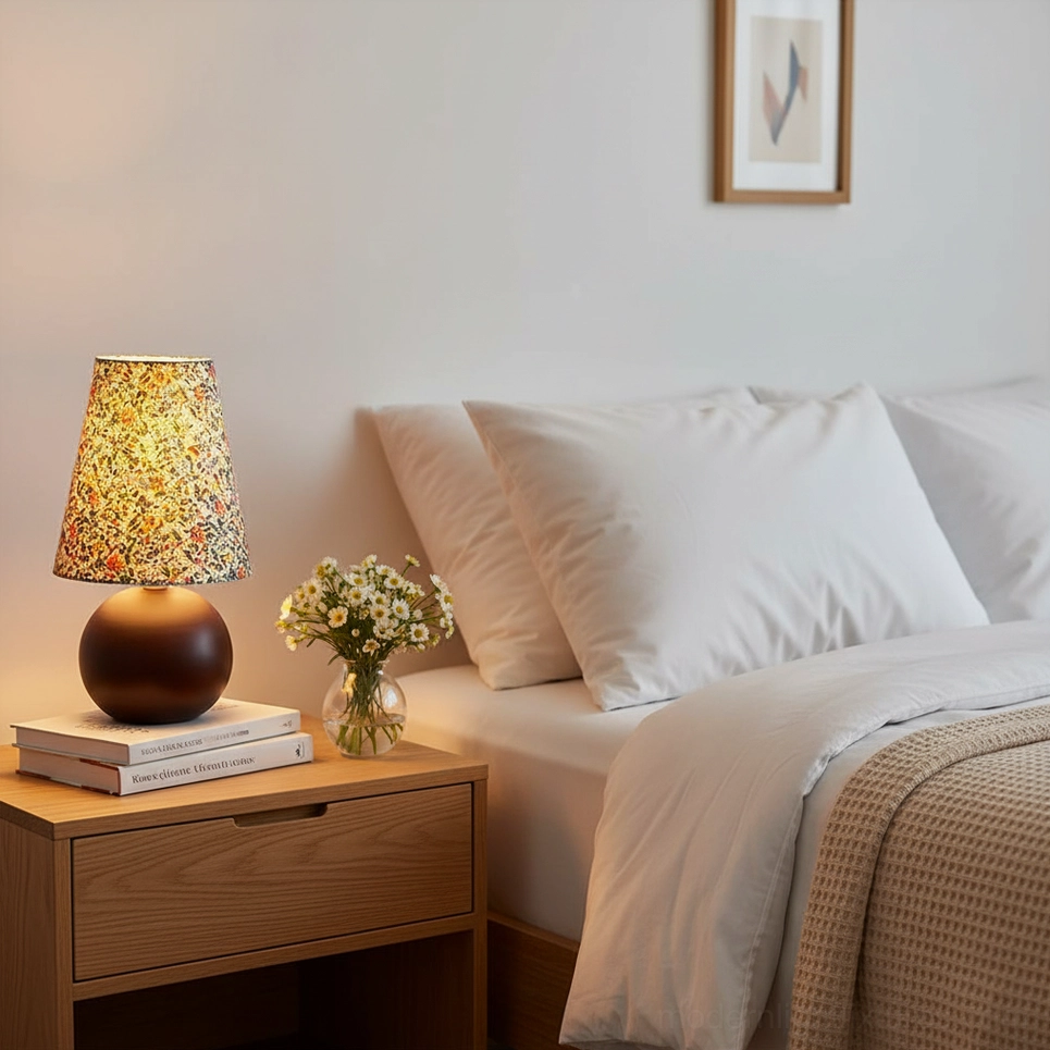 Floral table lamp with wooden base on bedroom nightstand in tidy master bedroom setting
