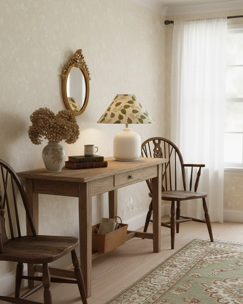 Close-up detail of botanical floral table lamp's white ribbed ceramic base and fabric shade construction