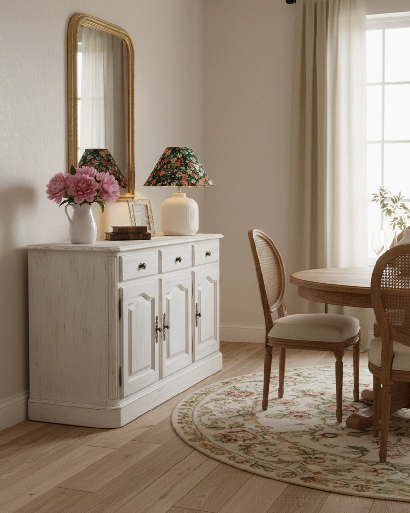 Botanical floral table lamp on white distressed wooden sideboard in casual dining nook setting