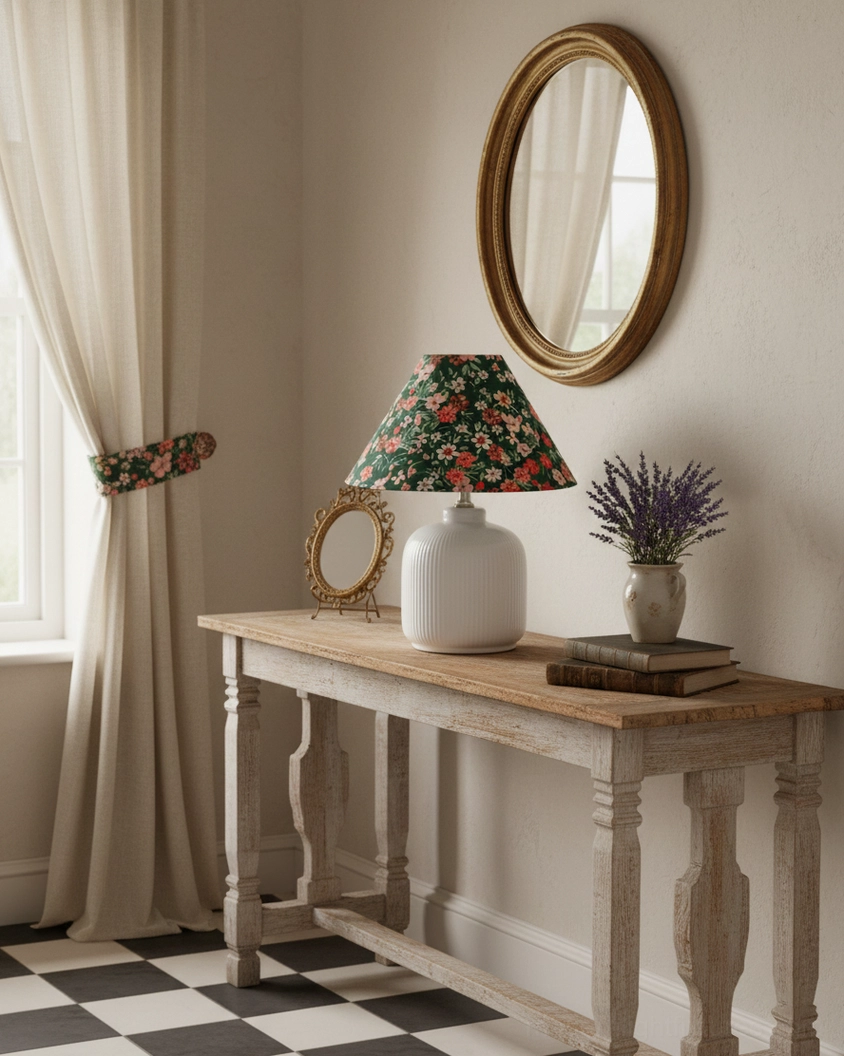 Botanical floral table lamp on rustic wooden entryway console table, eye-level side view with dark floral fabric shade