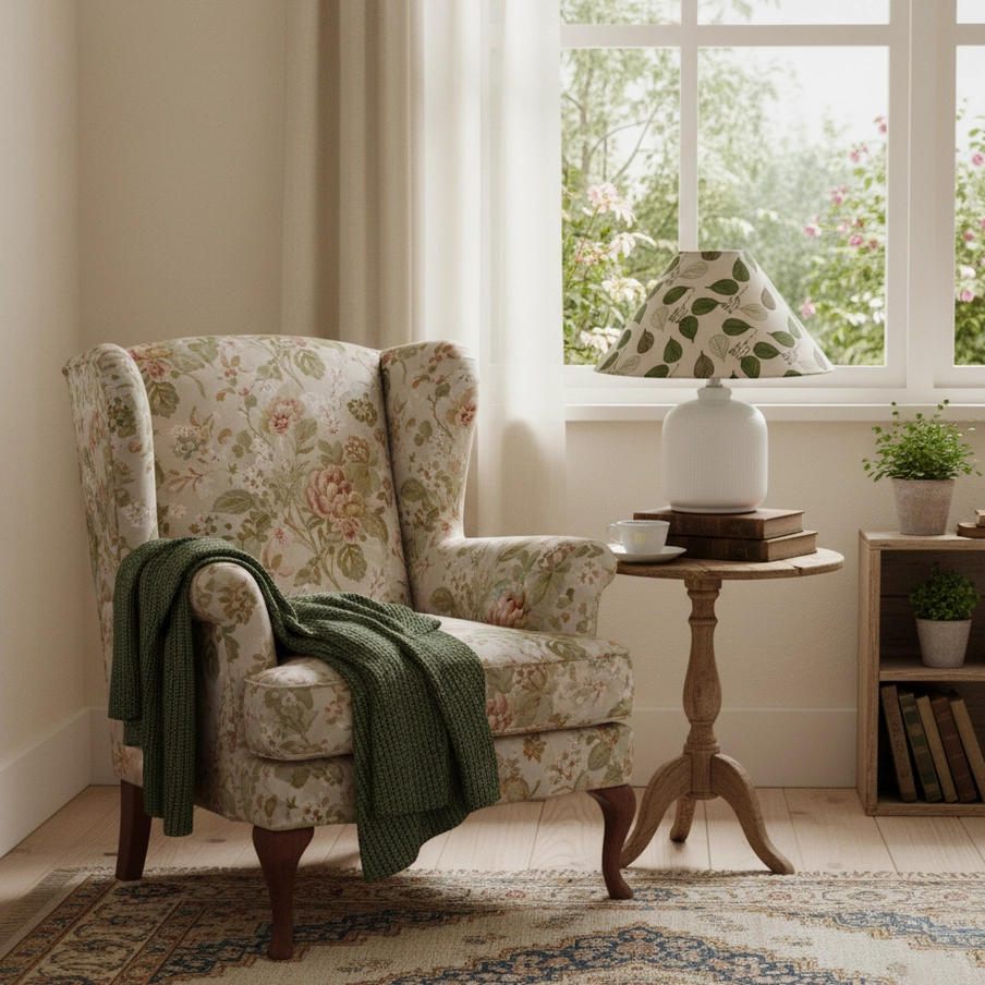 Botanical table lamp illuminated in evening showing warm glow through patterned fabric shade