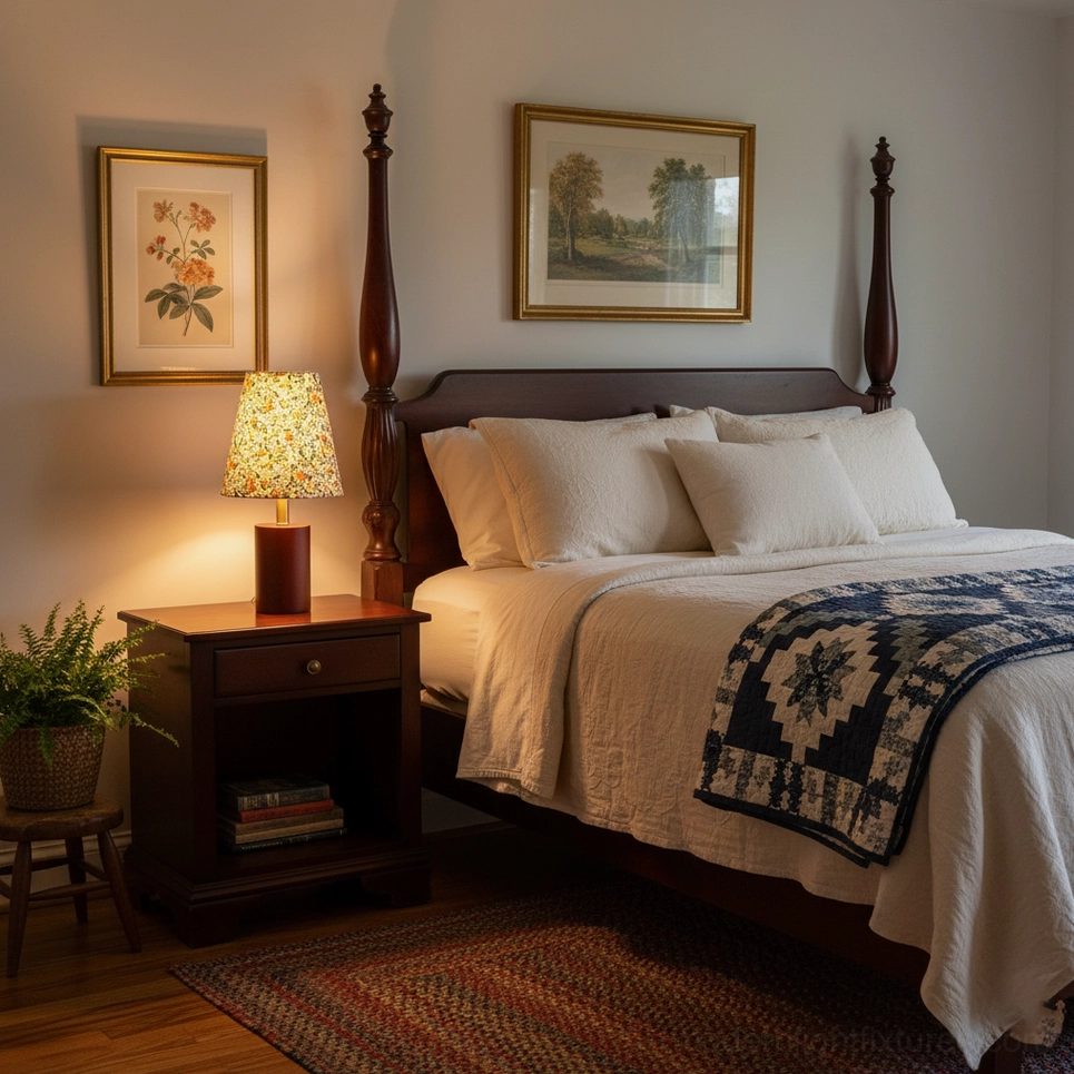 Floral table lamp illuminated at night creating warm ambient light in interior space