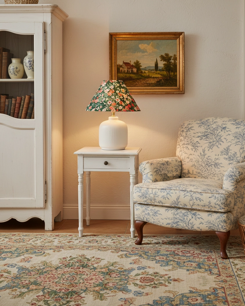 Modern botanical floral table lamp beside blue floral upholstered armchair in contemporary living room side table area