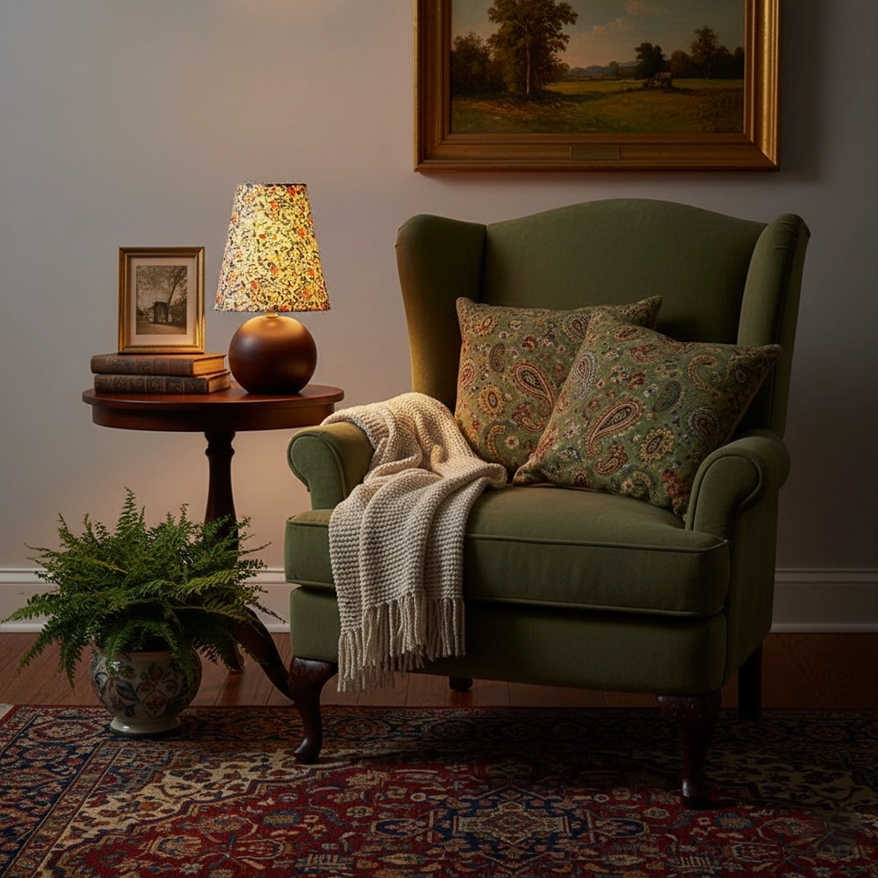 Floral table lamp on side table beside green wingback chair in cozy living room reading nook