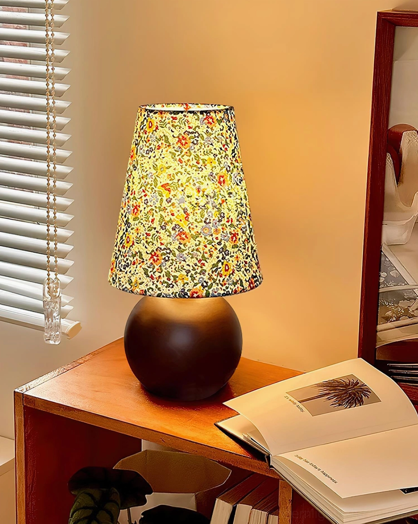 Floral table lamp with walnut wooden base in Scandinavian minimalist room setting