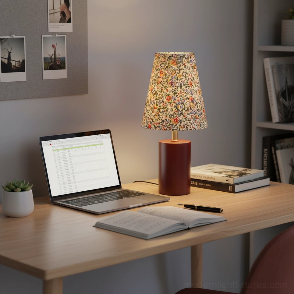 Floral patterned table lamp with wooden base close-up detail shot