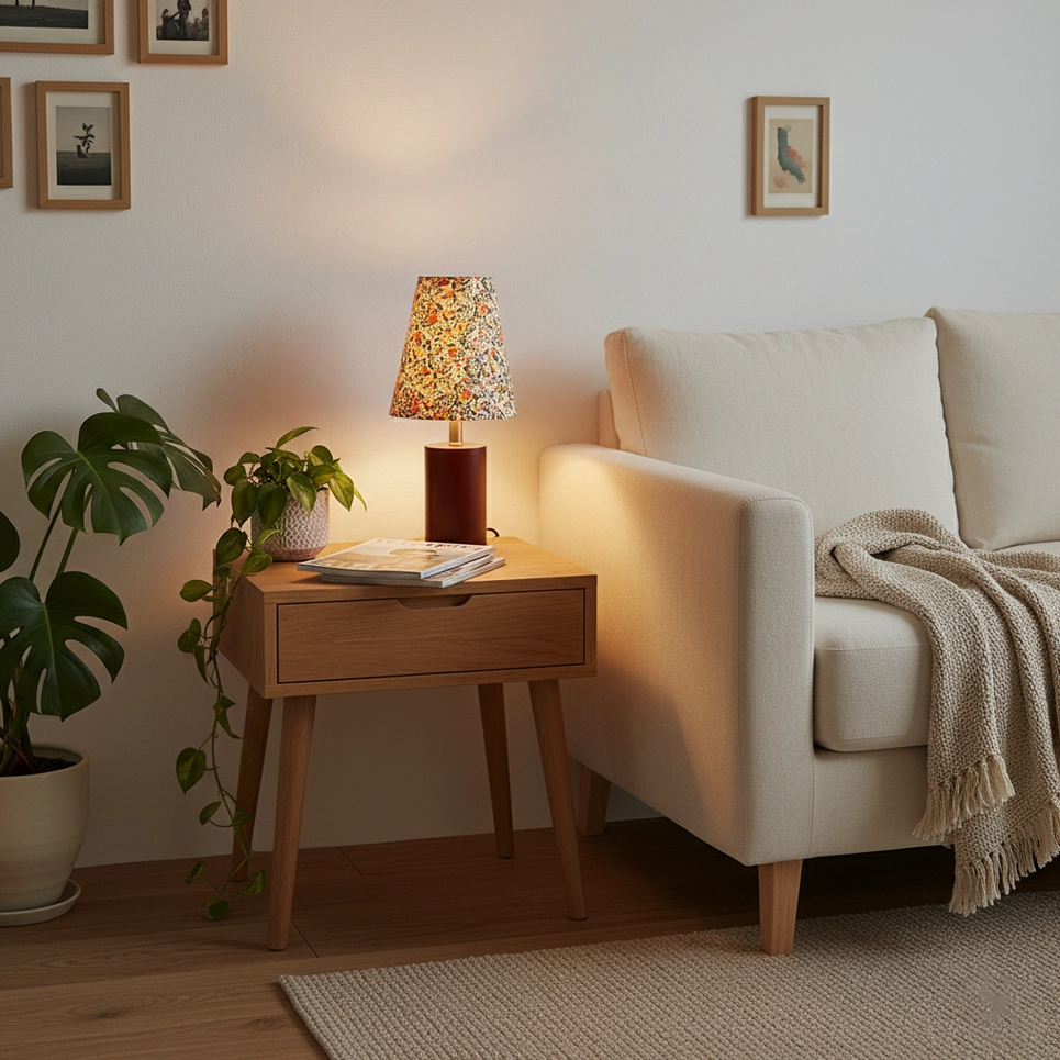 Floral botanical table lamp wooden base architectural detail overhead view