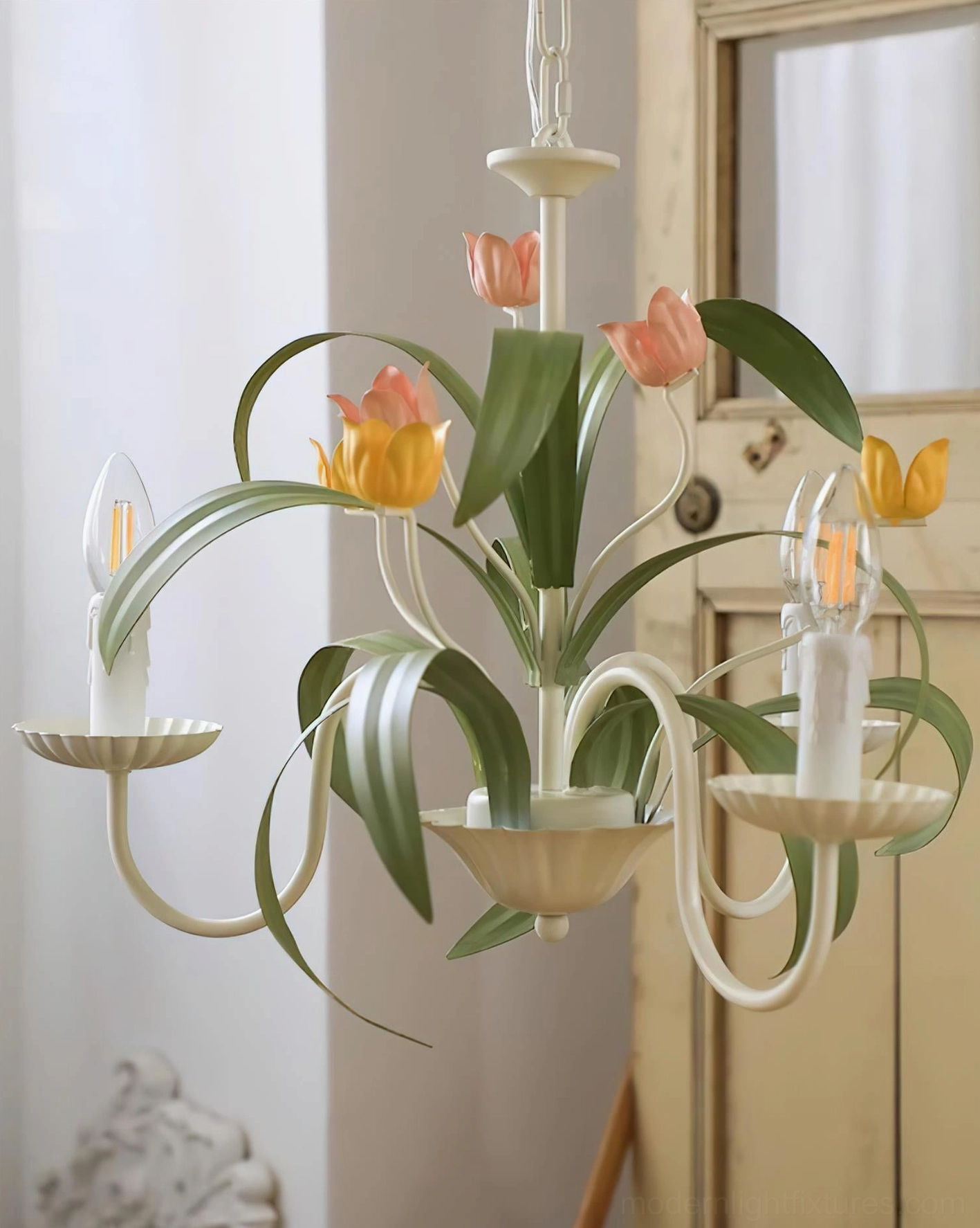 Botanical tulip chandelier three-quarter side angle view vintage home interior setting with curved metal arms