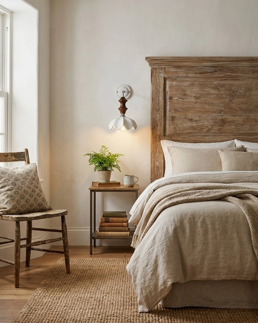 Ceramic floral sconce installed in master bedroom with rustic wooden bed and farmhouse decor