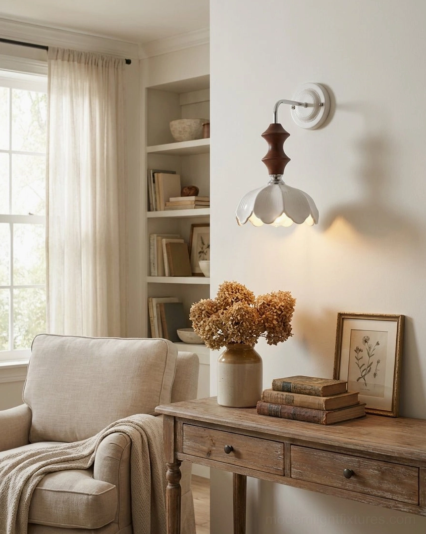 Ceramic flower wall sconce mounted in farmhouse living room study space with warm ambient lighting