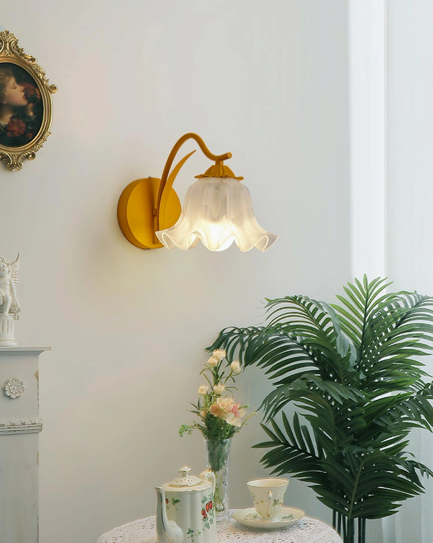 Lily valley wall sconce in vintage home dining room with botanical and rustic decor