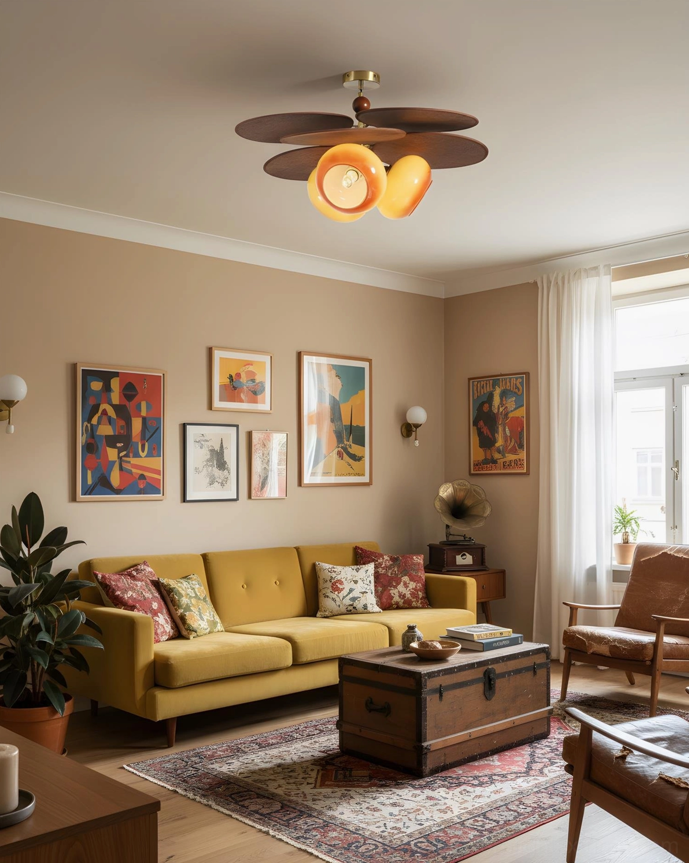 Floravane brown and caramel ceiling lamp variant with three heads in modern living space