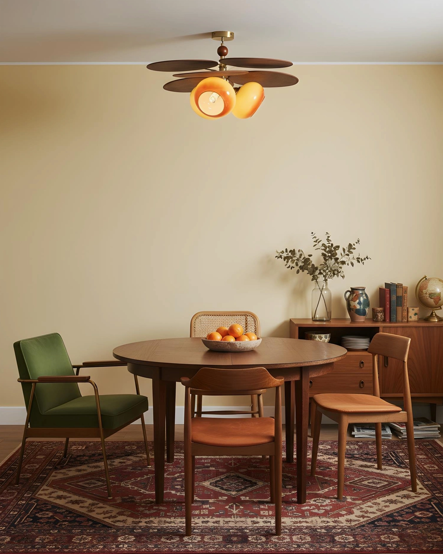 Floravane organic ceiling light fixture above round dining table in retro dining room setting