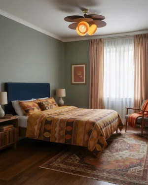 Modern Floravane ceiling lamp installed in vintage bedroom with warm ambient lighting and retro decor