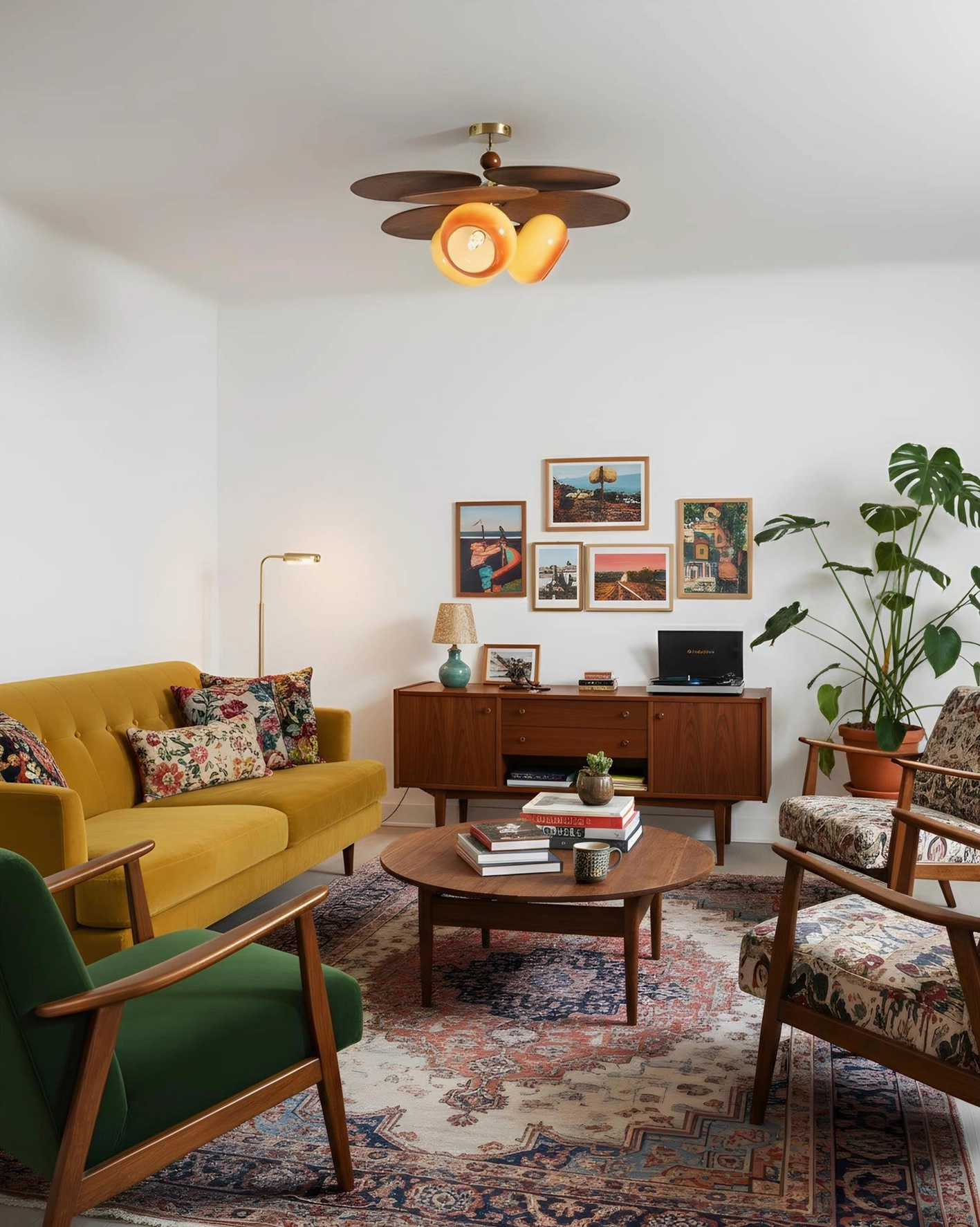 Floravane mid-century modern ceiling light fixture in contemporary living room with warm ambient glow