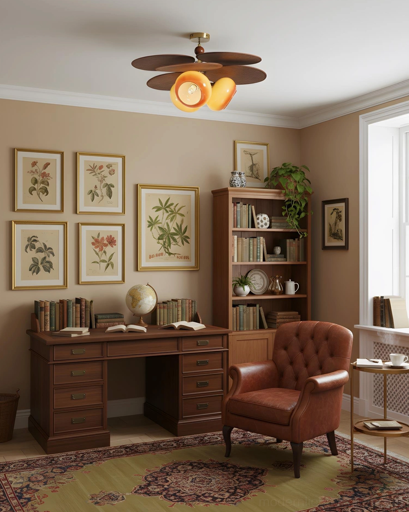 Floravane contemporary pendant ceiling light mounted in bohemian home office study room with mid-century furnishings