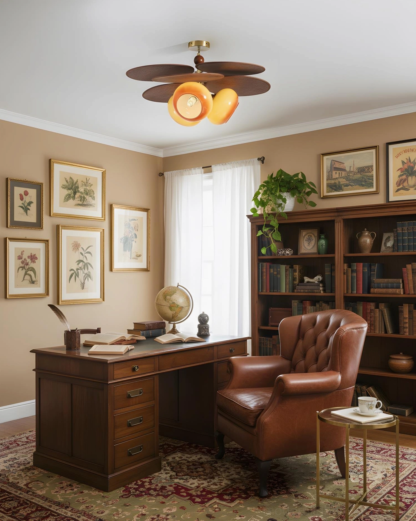 Floravane organic ceiling light showing warm glass diffusion and wood silhouette form