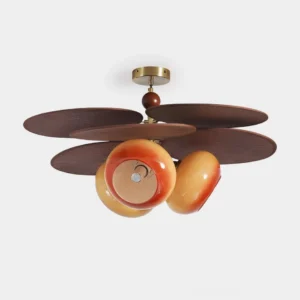 Floravane organic petal ceiling light fixture with walnut wood blades and amber glass shades - top view studio photography