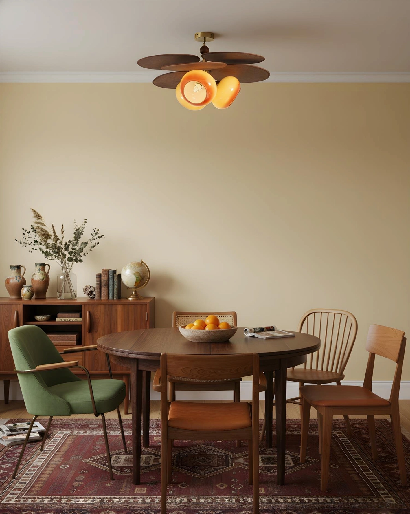 Floravane organic petal ceiling lamp detail view showing wood blade craftsmanship and glass shade gradation