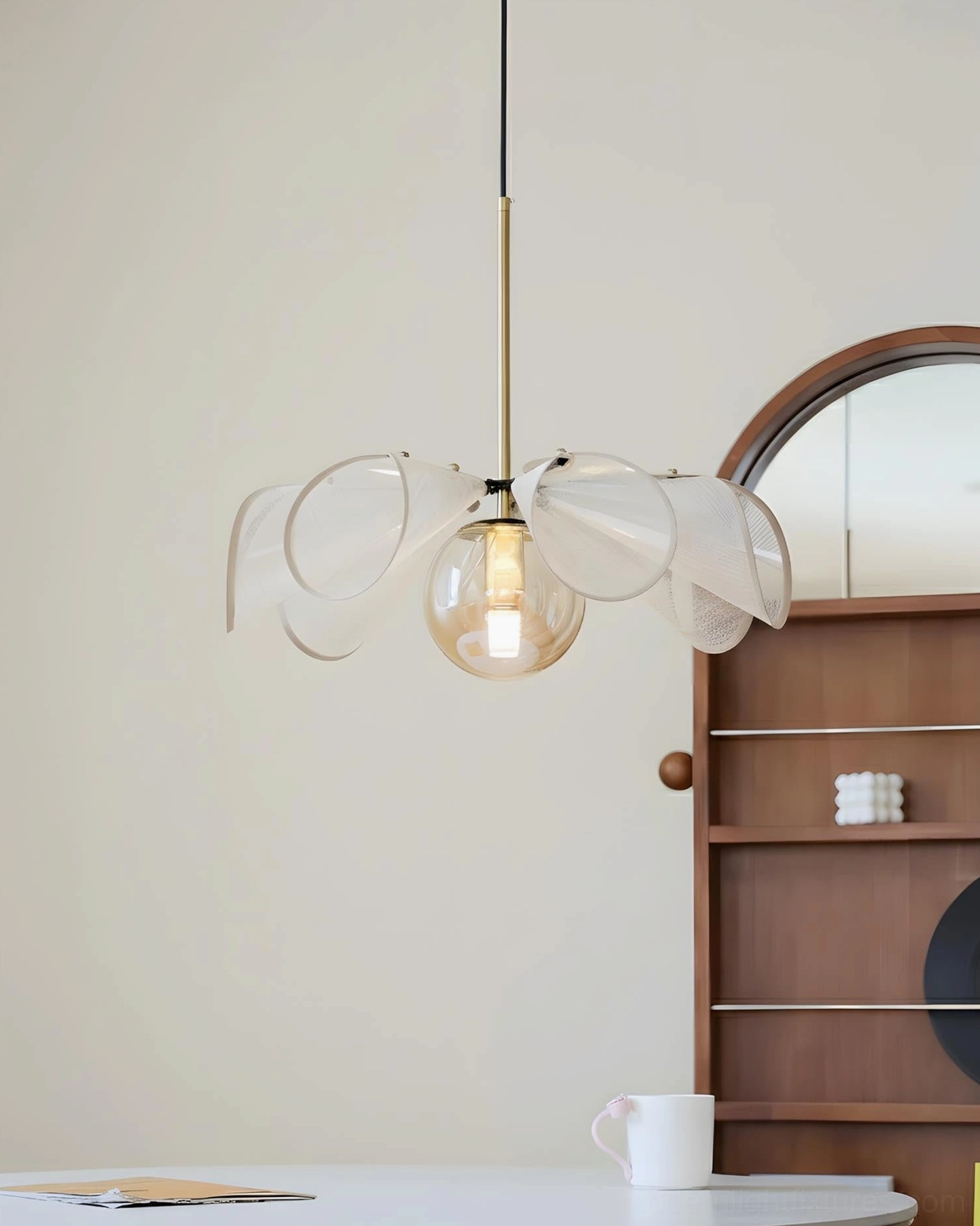 Florello glass petal pendant light with brass rod and translucent shades entryway vanity detail