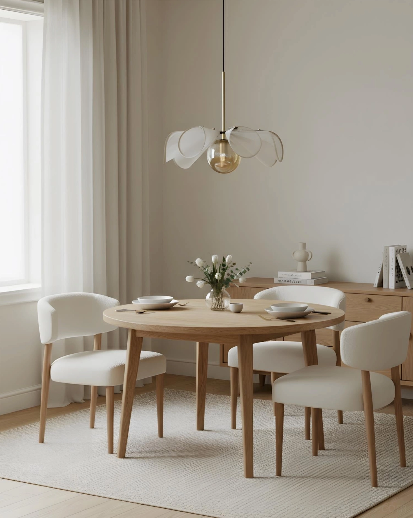 Florello contemporary pendant light in formal wooden Scandinavian dining room with warm ambiance