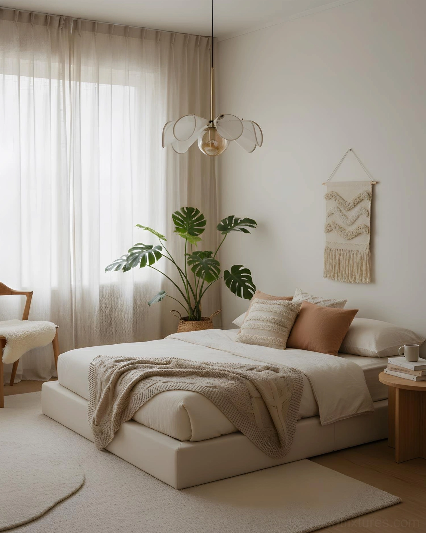 Florello modern sculptural pendant lamp in cozy master bedroom with minimalist decor and green plant
