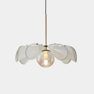 Florello modern glass petal pendant light with translucent shades and brass metal suspension rod studio close-up