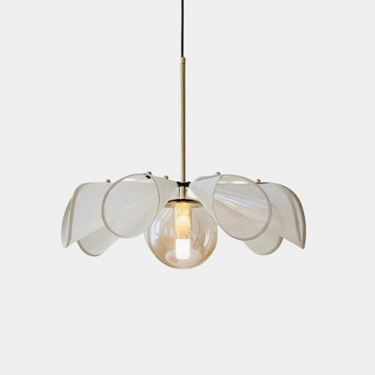 Florello modern glass petal pendant light with translucent shades and brass metal suspension rod studio close-up