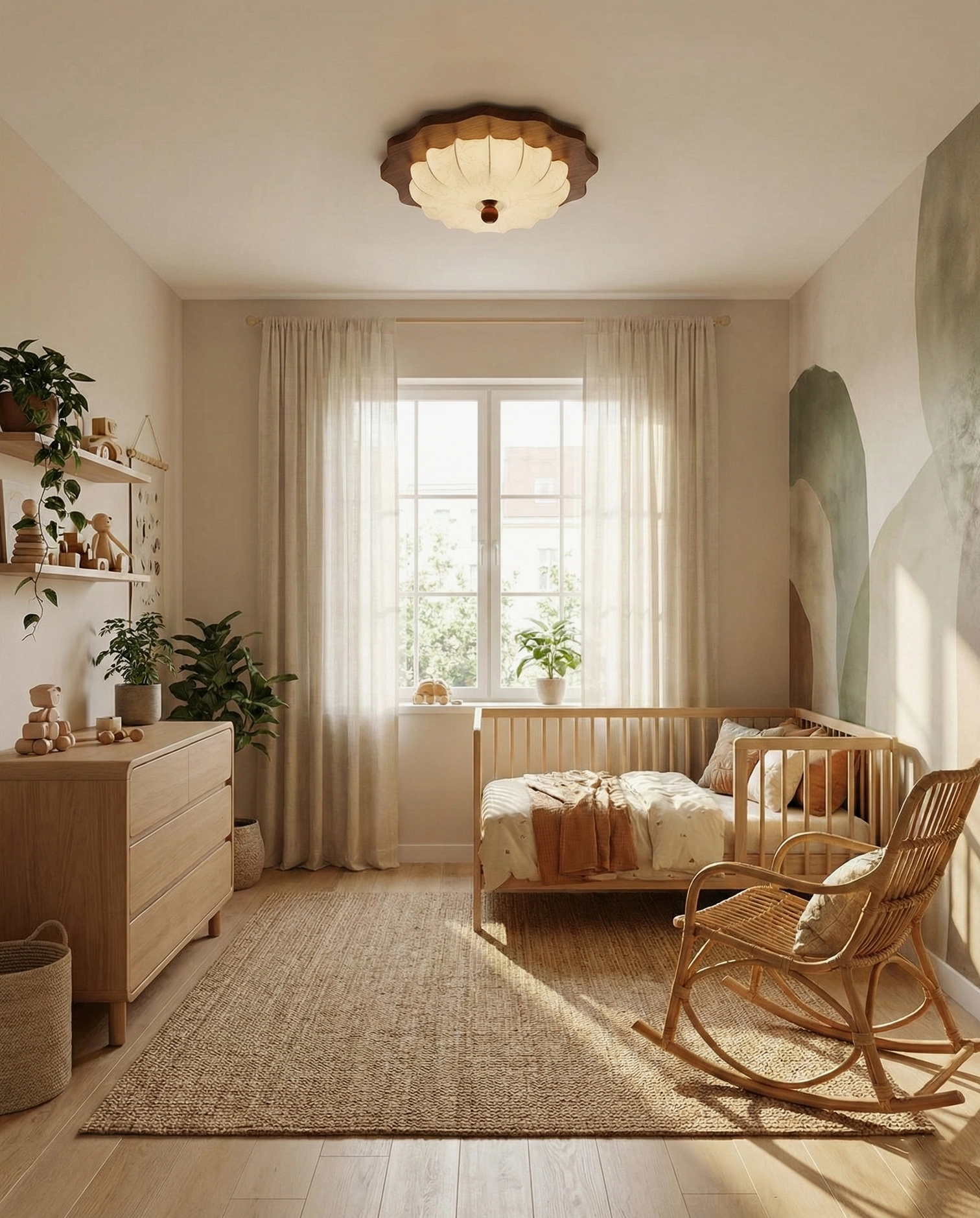 Scalloped ceiling light fixture in cozy guest bedroom with potted plants and warm rustic furnishings