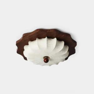 Florence scalloped ceiling light fixture with walnut wood trim and off-white fluted fabric shade, front view