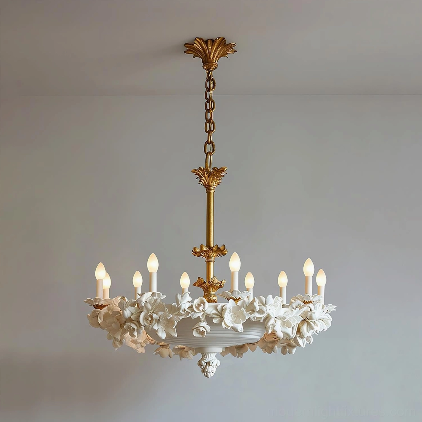 Florentine Petals vintage gold chandelier showing balanced floral composition and light distribution