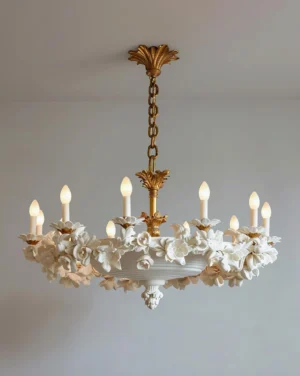 Florentine Petals floral chandelier low-angle view showing candle-style bulbs and ornate petal details