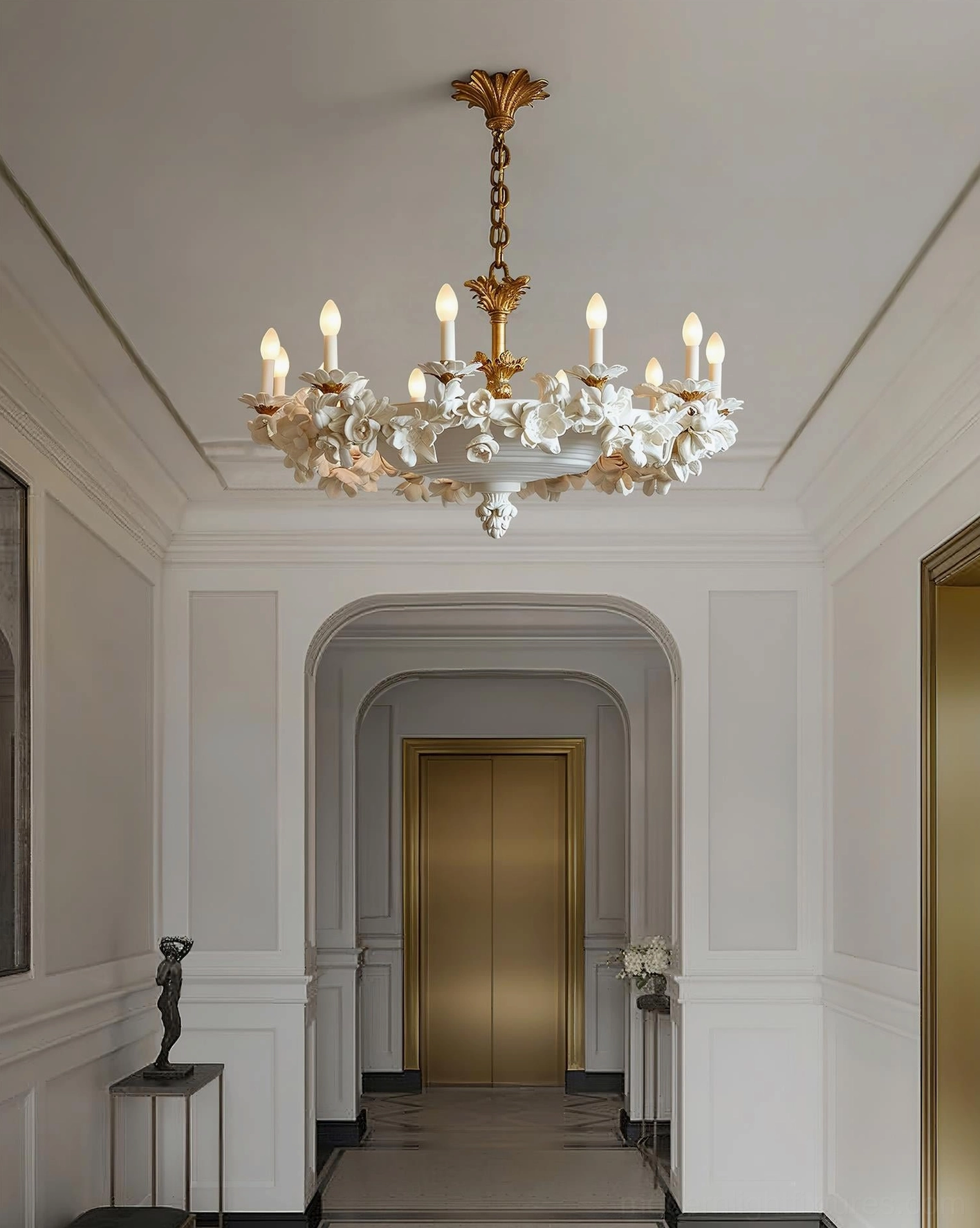 Florentine Petals chandelier in classical European interior with vintage gold finish