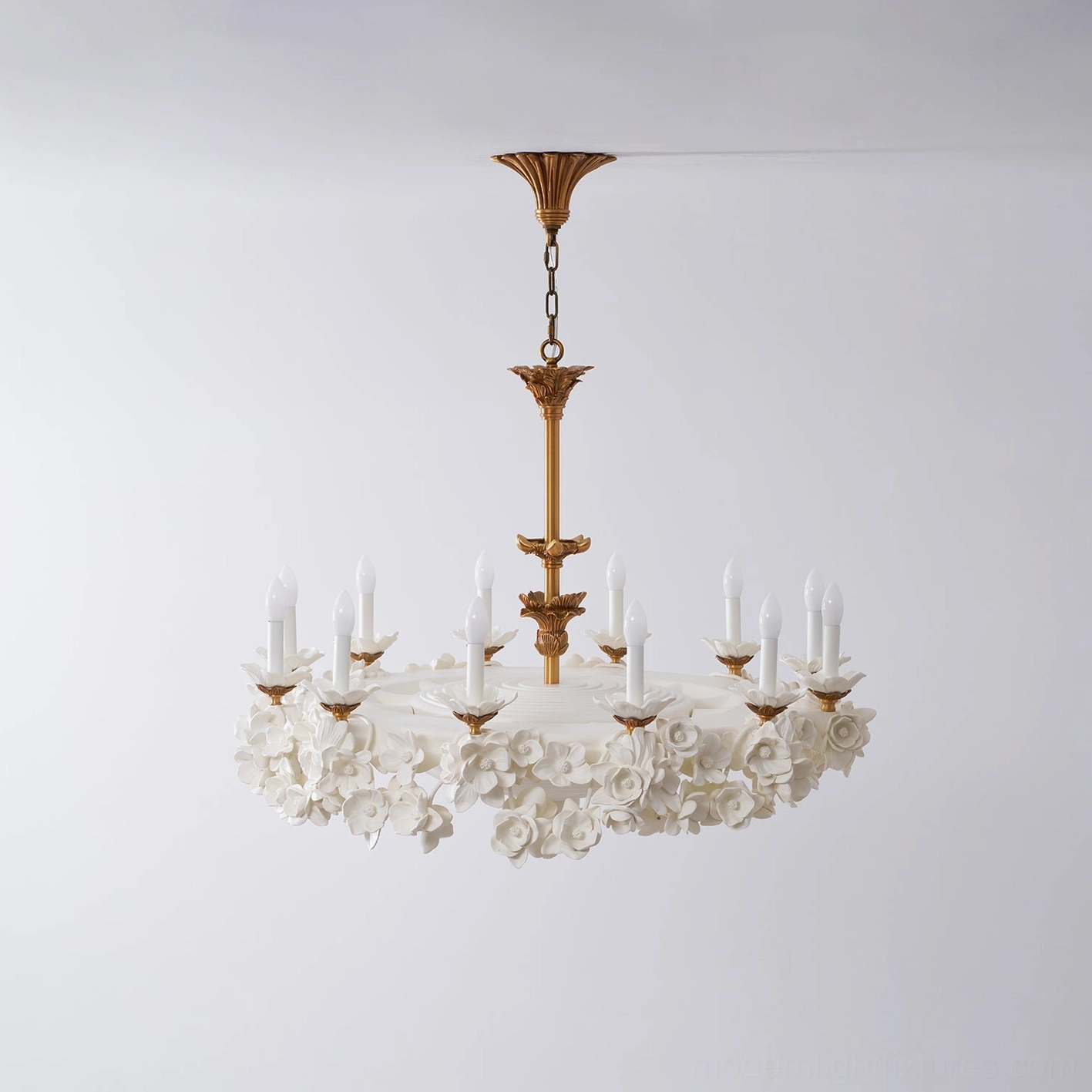 Florentine Petals botanical chandelier showing counterweight cavity and finial detail