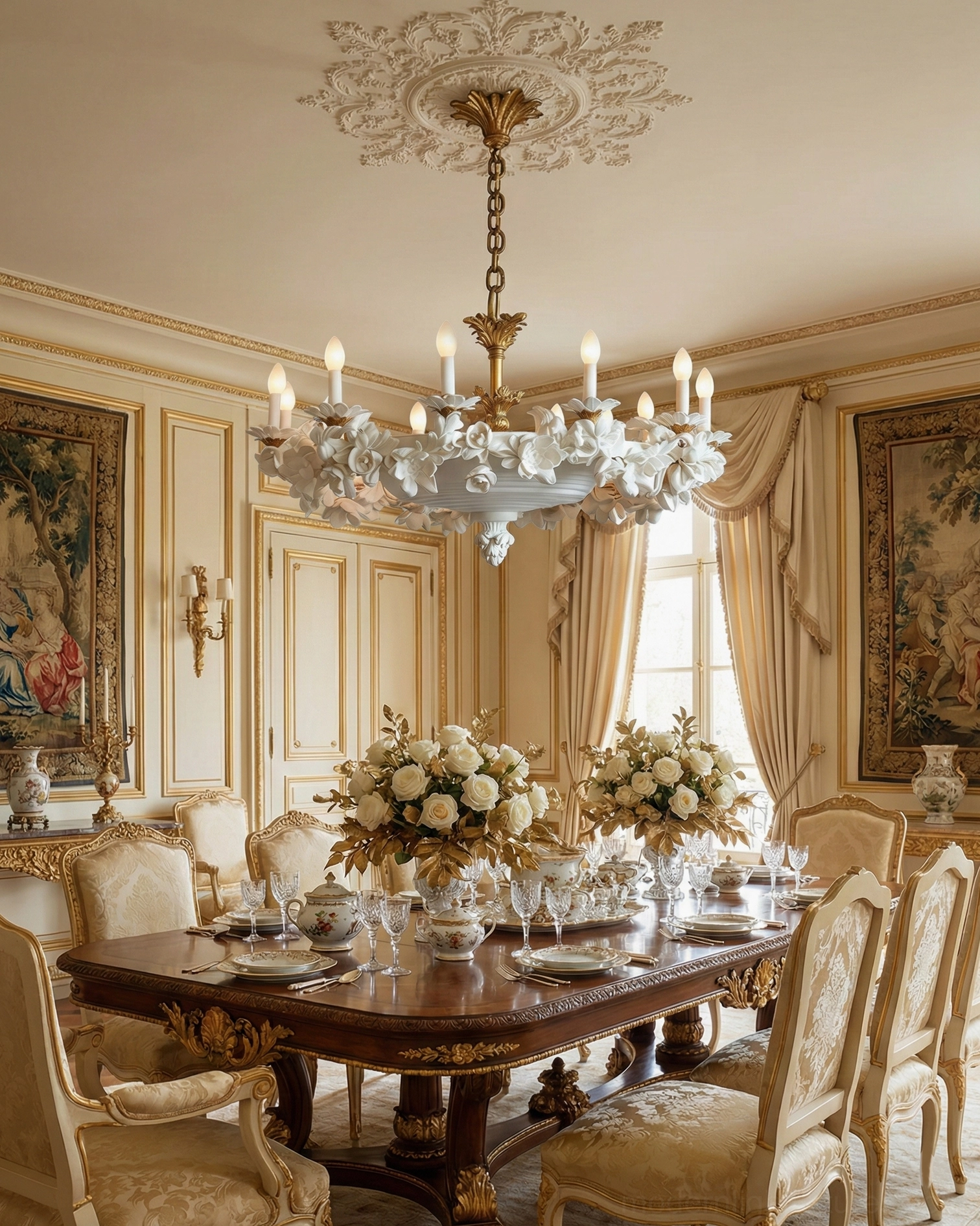 Florentine Petals vintage gold chandelier installed in luxury formal dining room with neoclassical design