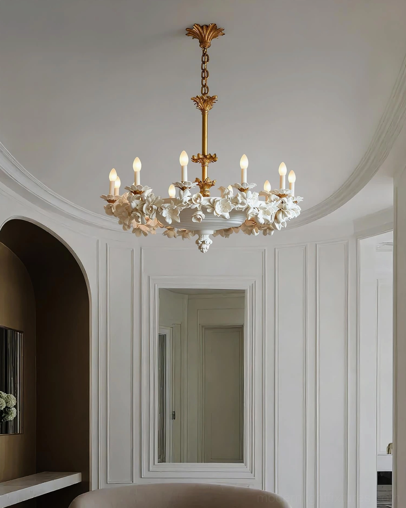 Florentine Petals floral light fixture installed in foyer with natural lighting