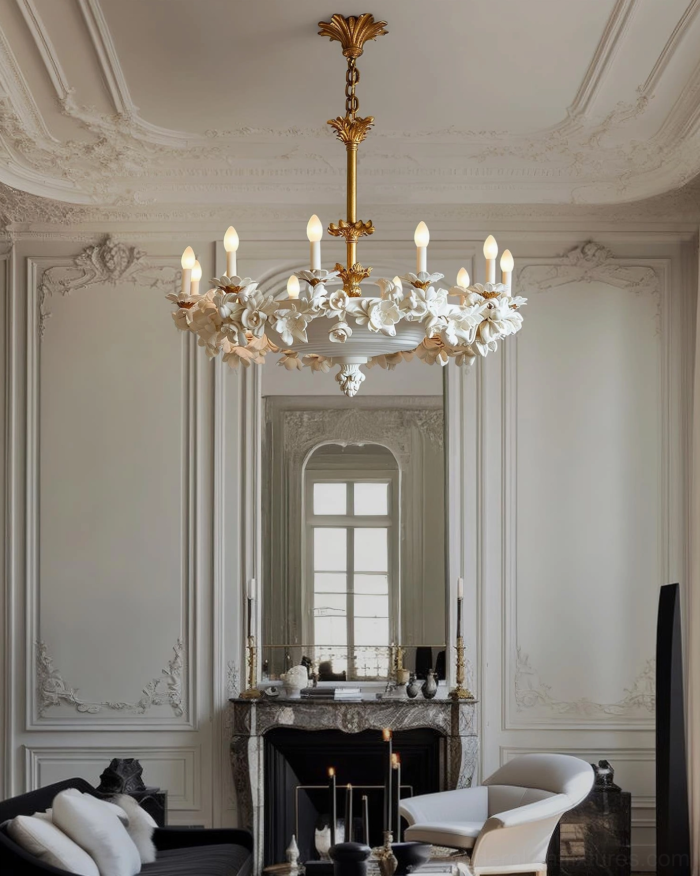 Florentine Petals vintage gold chandelier full product display on white background