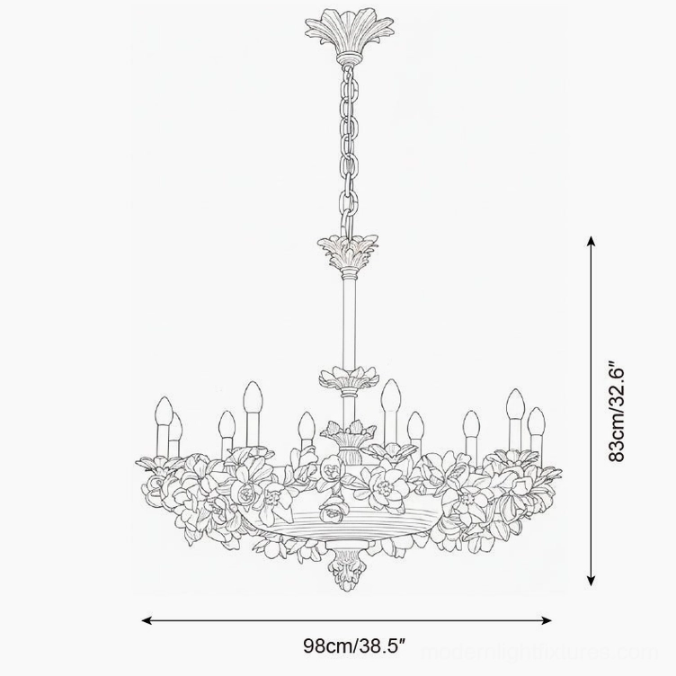 Florentine Petals chandelier showing hand-finished floral elements and aged brass finish