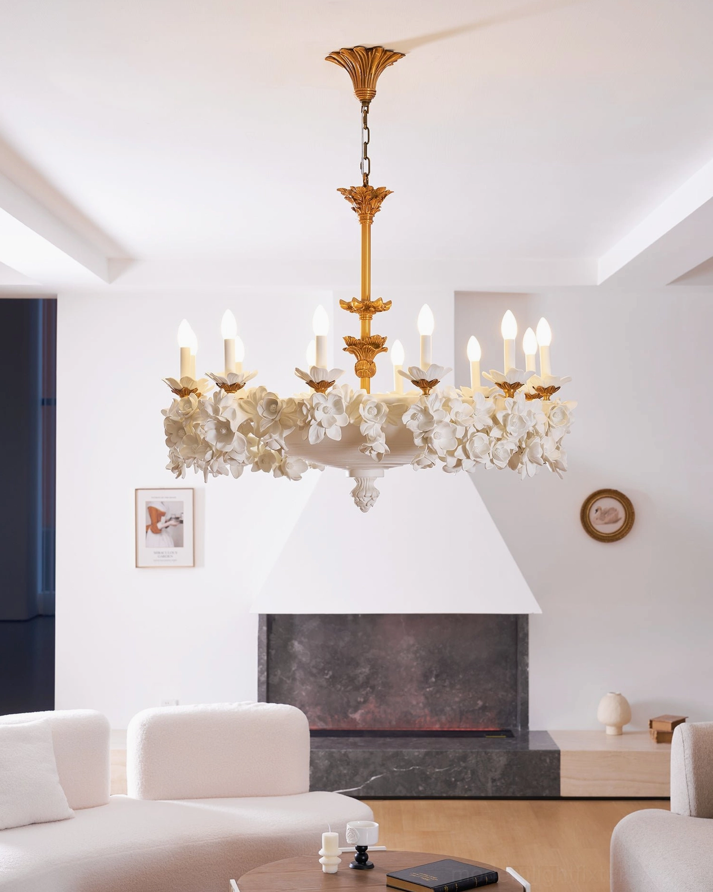 Florentine Petals botanical chandelier illuminated showing warm light distribution through petals