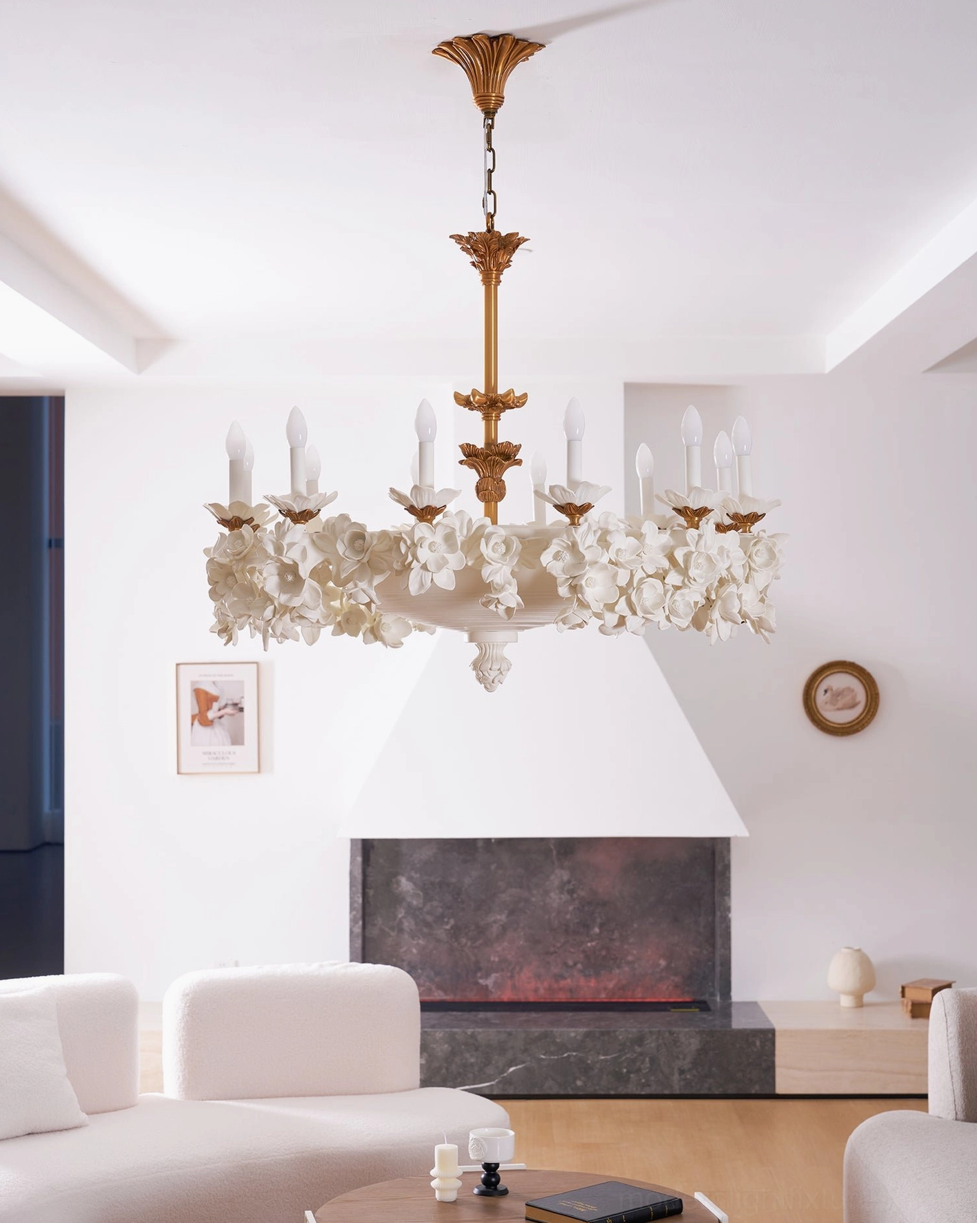Florentine Petals vintage gold floral chandelier with dimmer-compatible LED bulbs