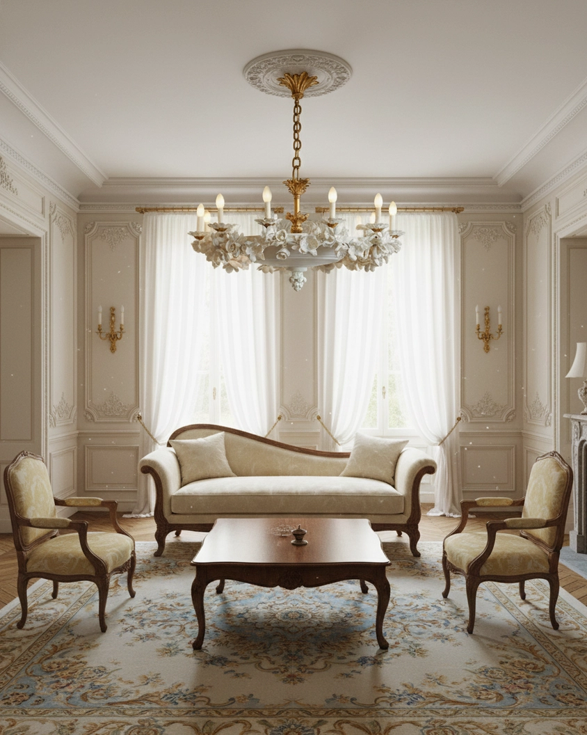 Florentine Petals botanical chandelier overhead view in elegant living room setting