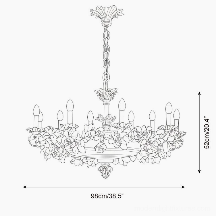 Florentine Petals Chandelier technical drawing - Model B 10-head dimensions