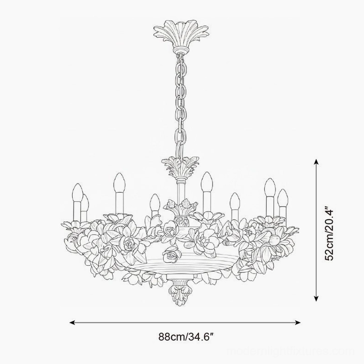 Florentine Petals Chandelier technical drawing - Model B 8-head specifications